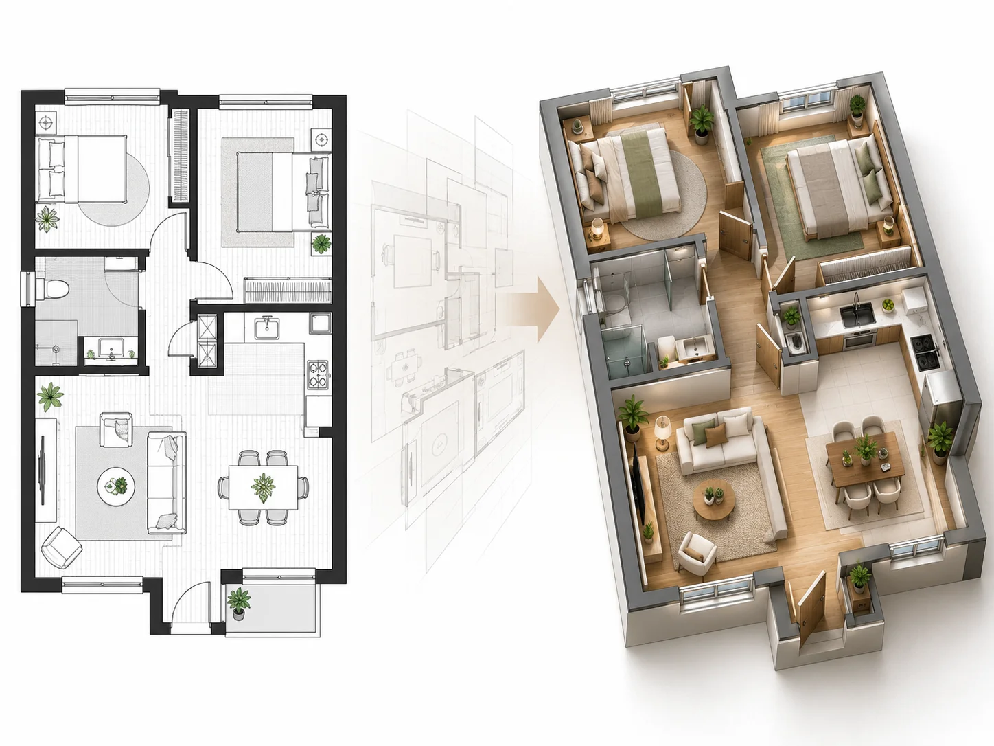 2D floor plan shown transforming into a furnished three-dimensional interior design visualization