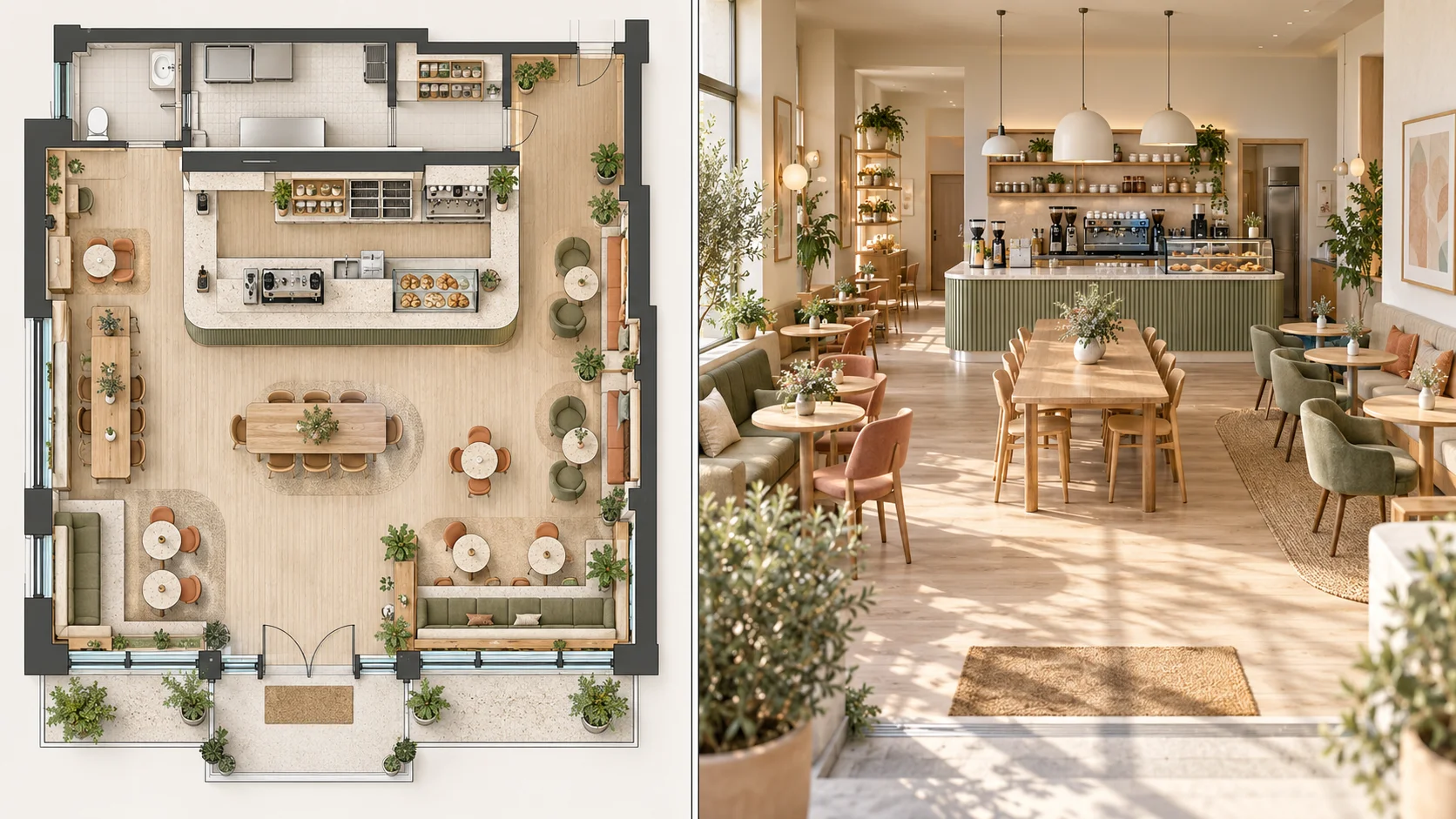 Café piano planimetria converted into una scandinavo eye-level 3D scene