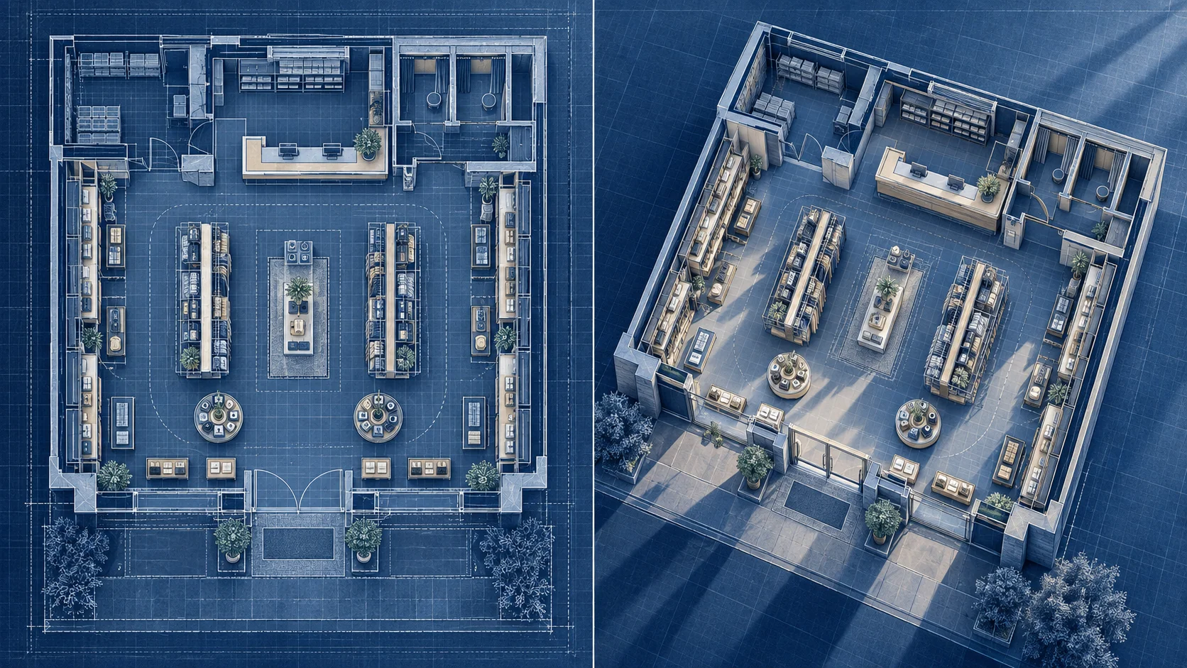negozio piano planimetria transformed into una aerea blueprint-stile 3D presentation