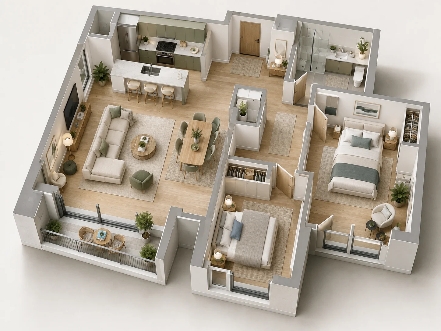 moderno 3D vista created da una piano planimetria, showing una luminoso e attractive interni disposizione