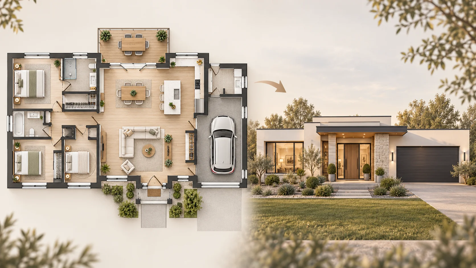 Modern single-story house front elevation generated from a residential floor plan
