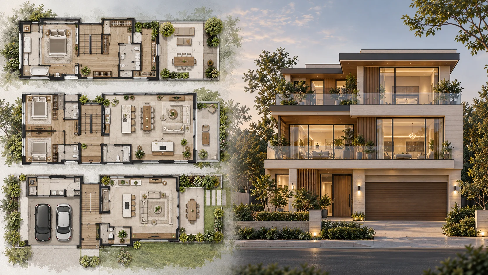 Multi-story building elevation generated from a multi-level floor plan