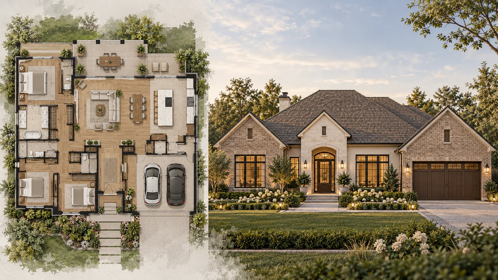 Traditional house exterior elevation generated from a residential floor plan