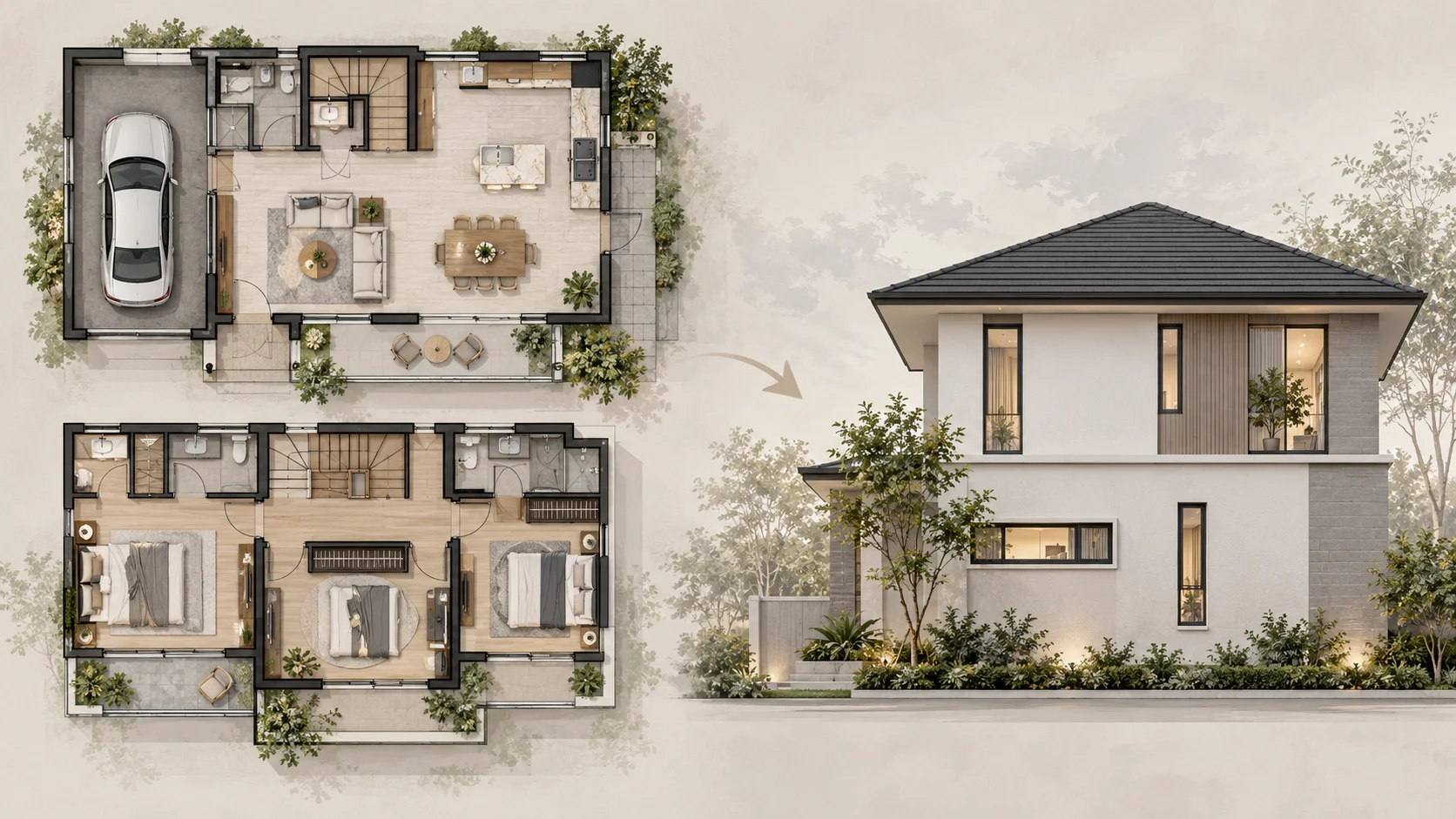 Two-story residential side elevation created from a floor plan