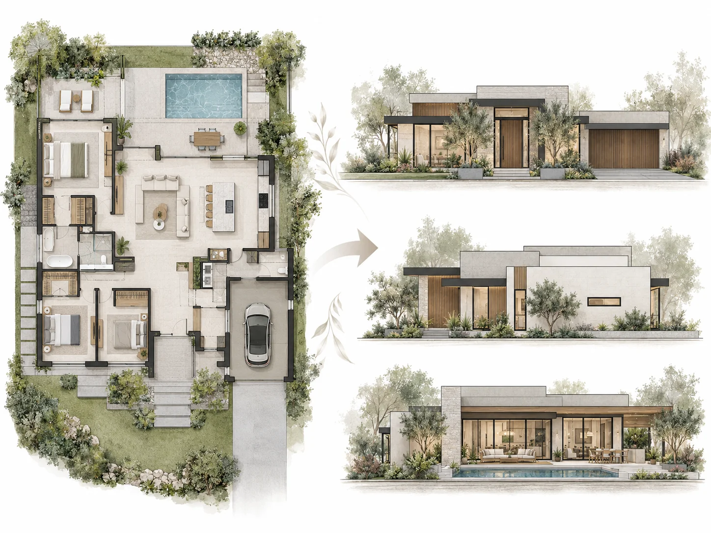 Floor plan converted into front, side, and rear architectural elevation drawings with AI