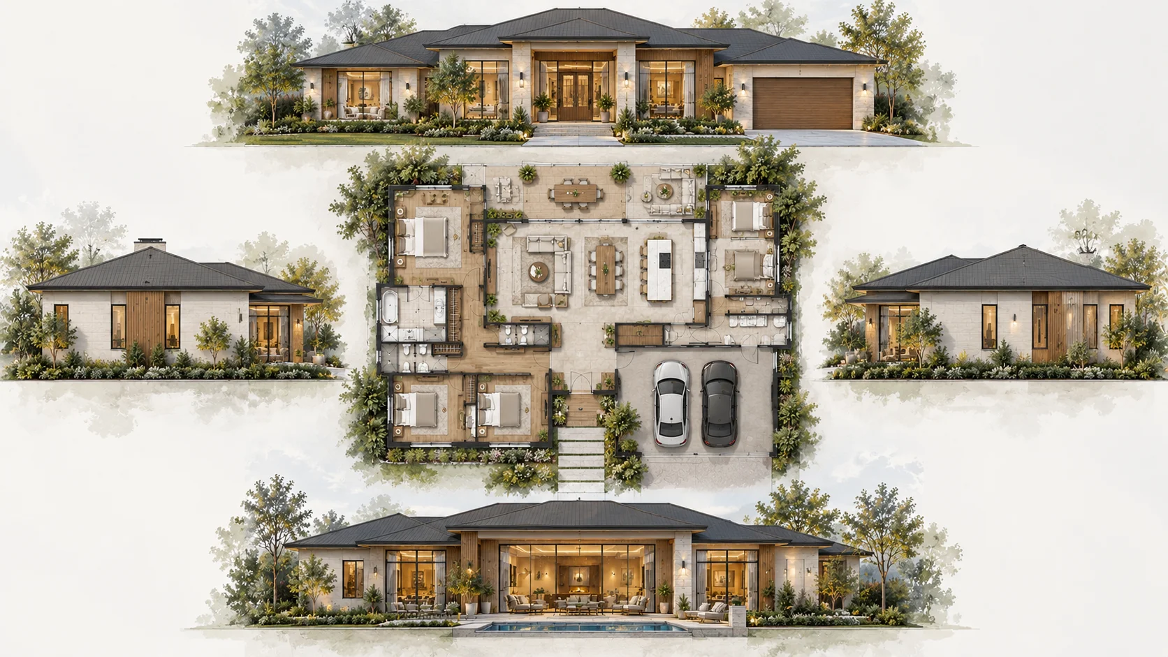 Floor plan shown beside architectural elevation views generated from the same building layout