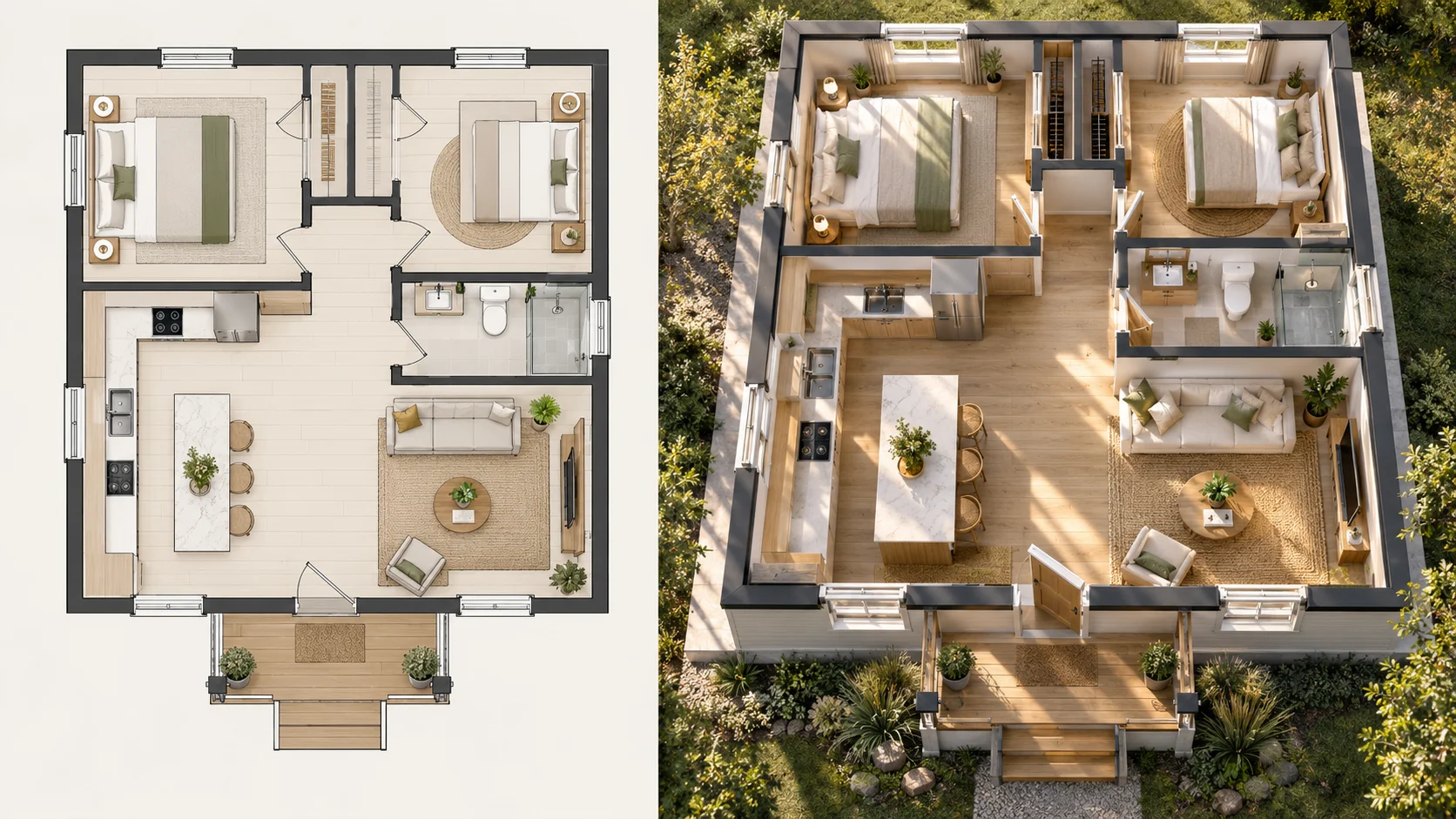 Compact single-story house plan shown as a before-and-after composite with a bright 3D result