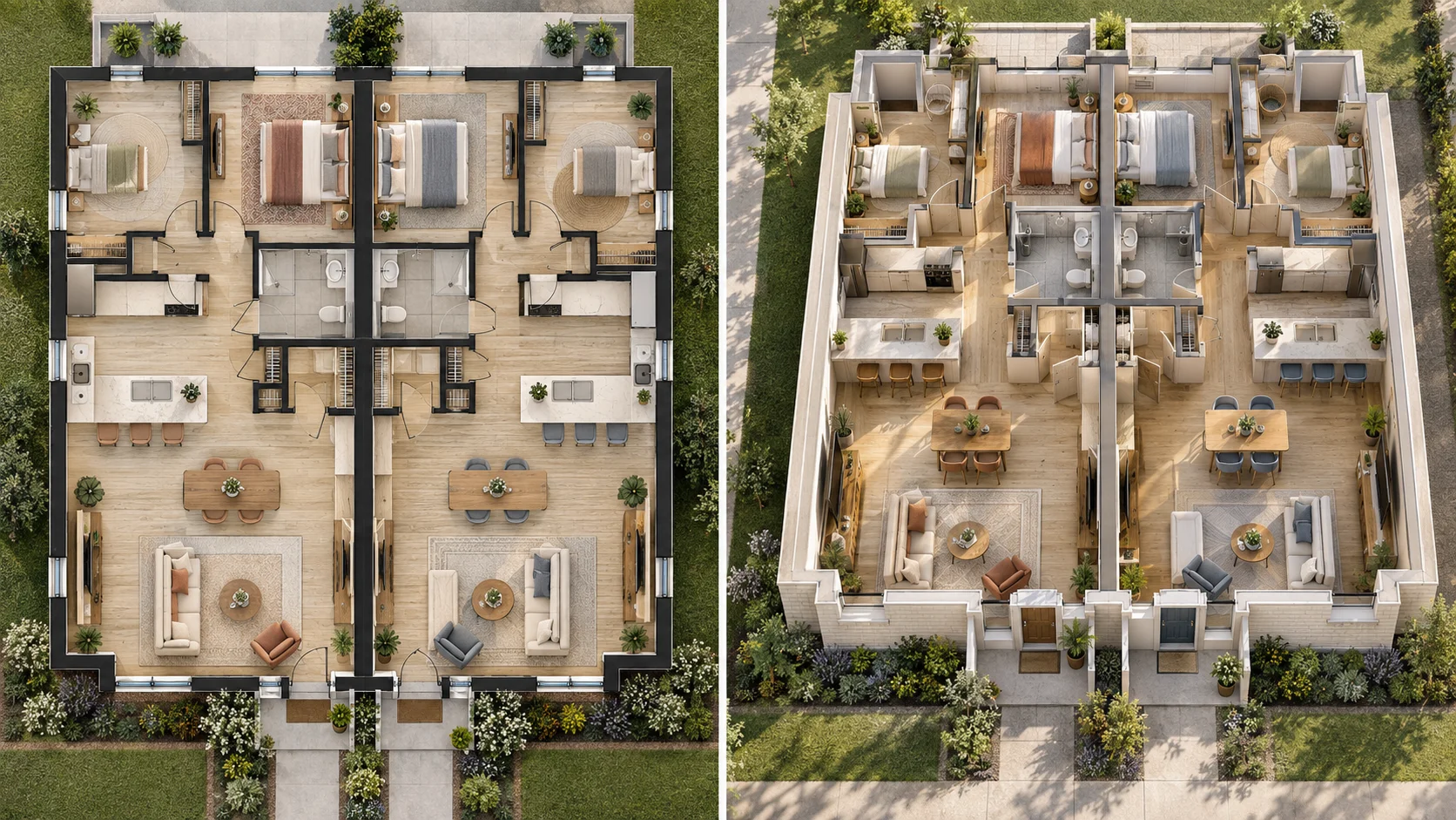 Duplex house plan shown as a before-and-after composite with a clear 3D result