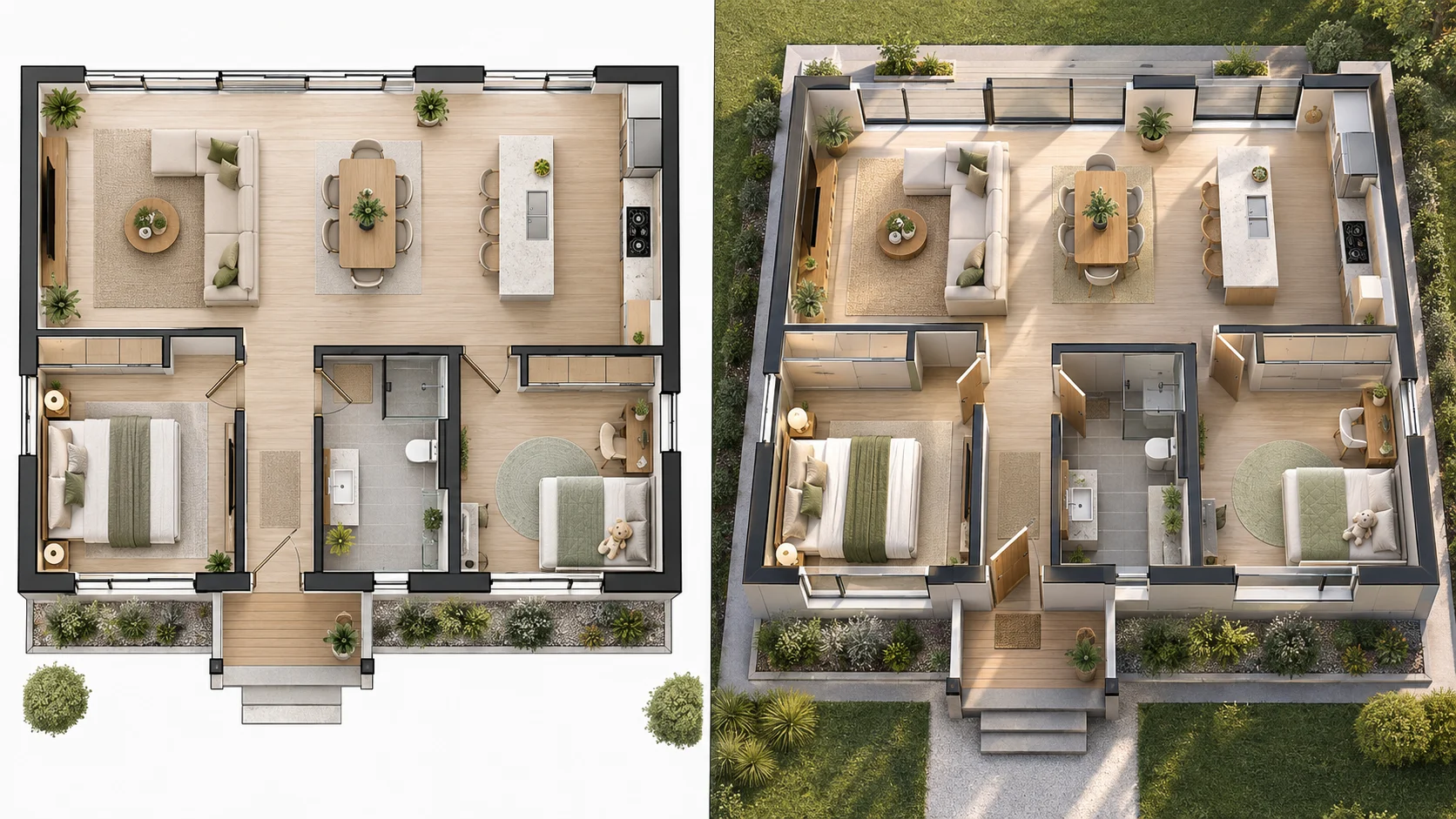 Open-plan family home house plan converted into a bright 3D residential view