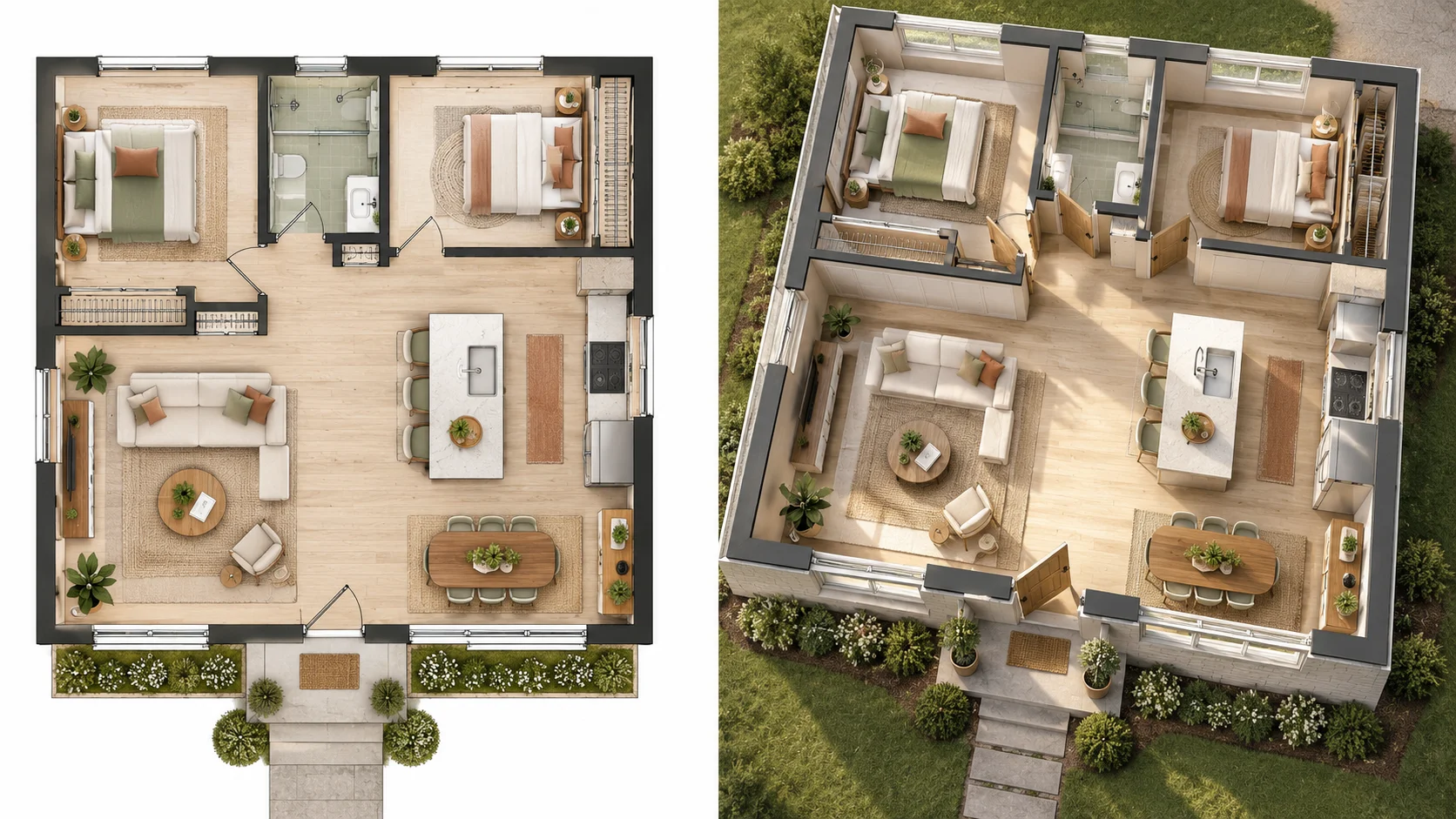 Home renovation plan transformed into a modern 3D house view