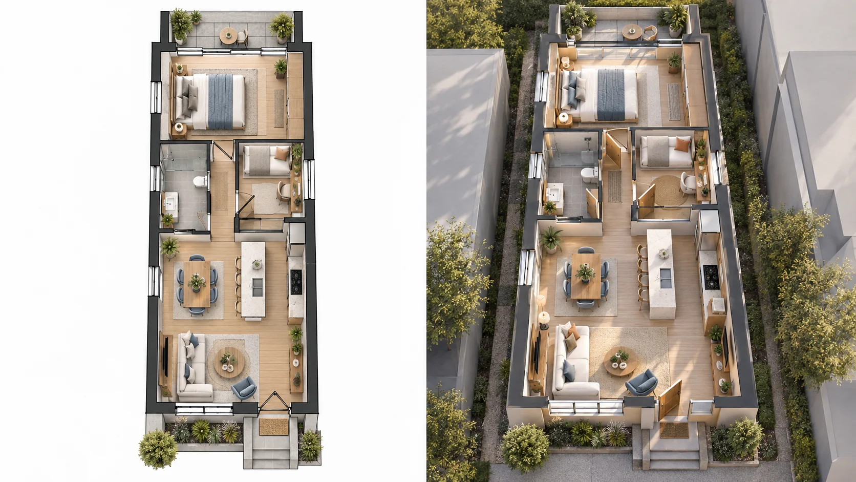Townhouse plan displayed as a before-and-after composite with a modern 3D layout