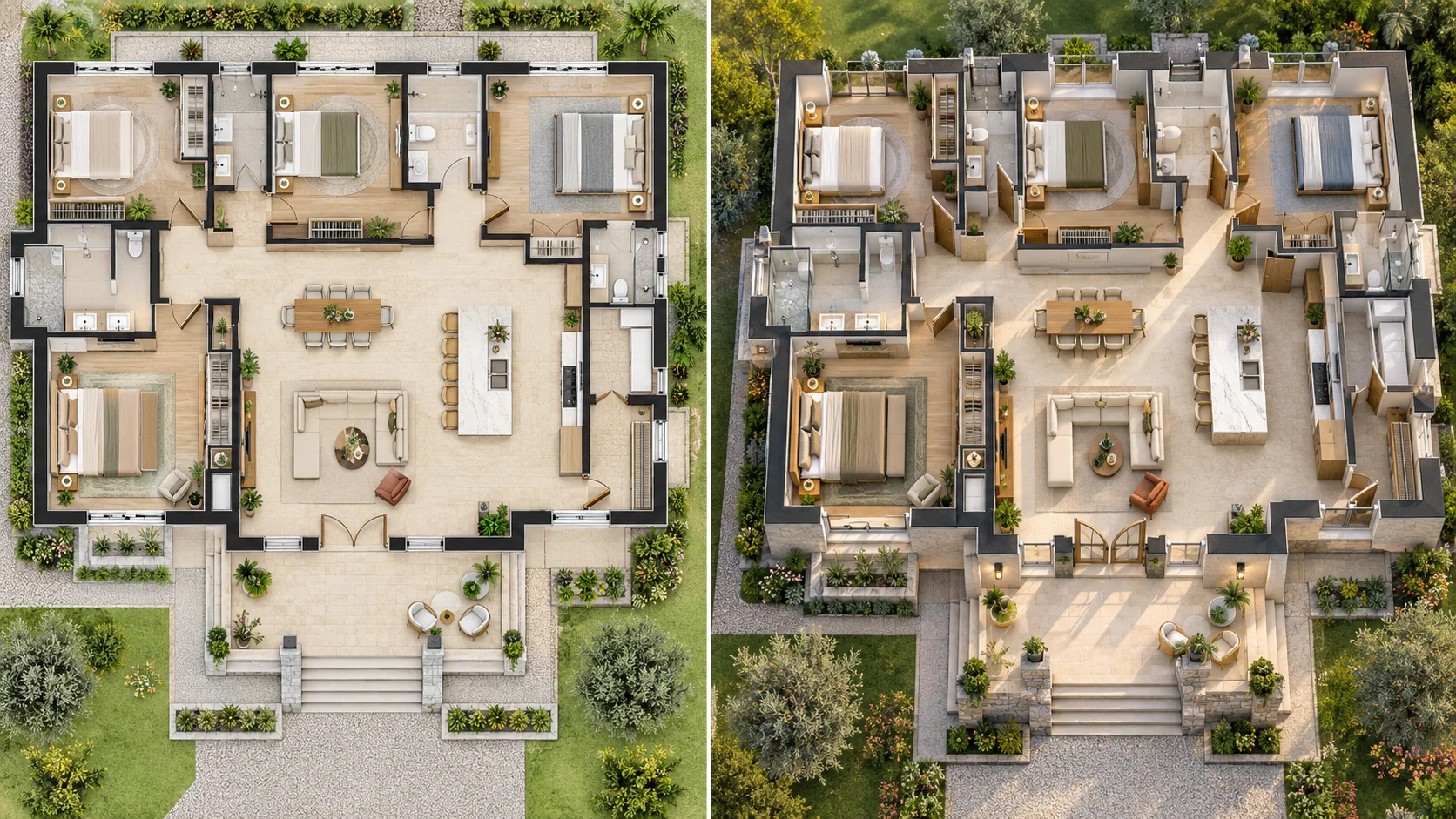 Villa house plan displayed as a before-and-after composite with a premium 3D residential result