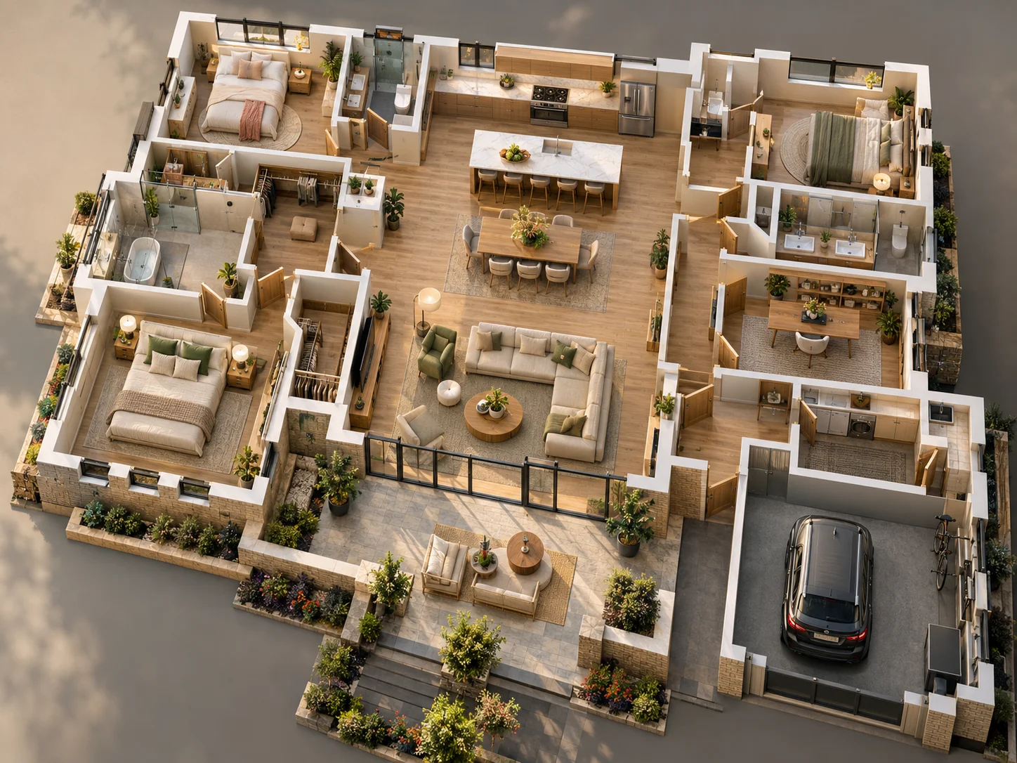 Modern 3D view of a bright residential house plan layout