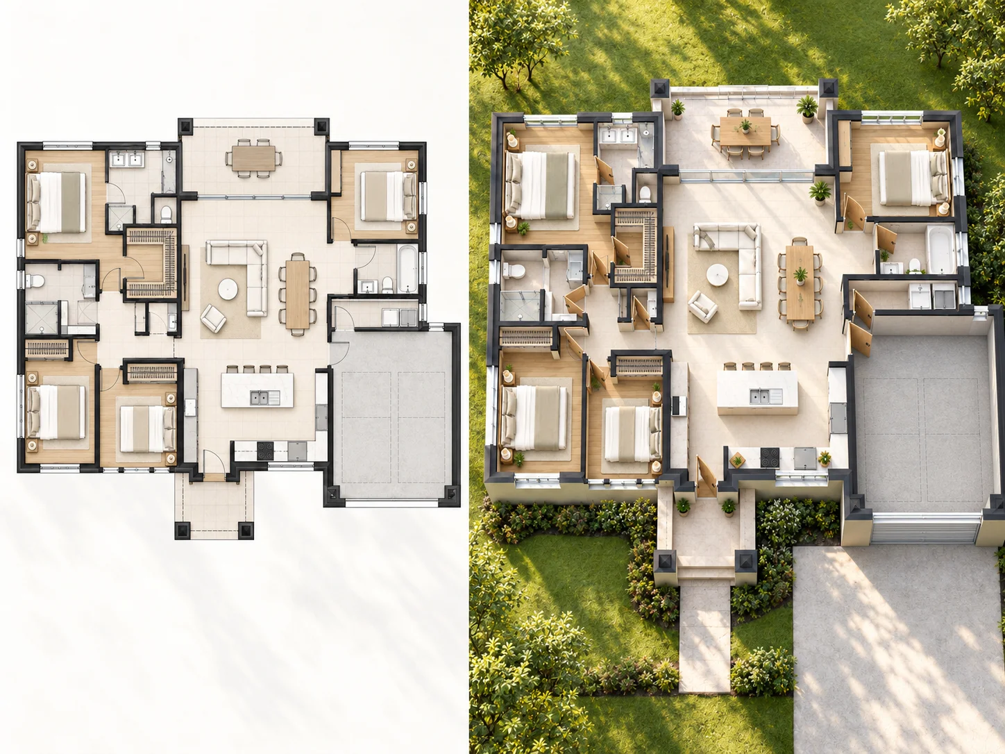 Comparison showing a 2D house plan transformed into a modern 3D home layout