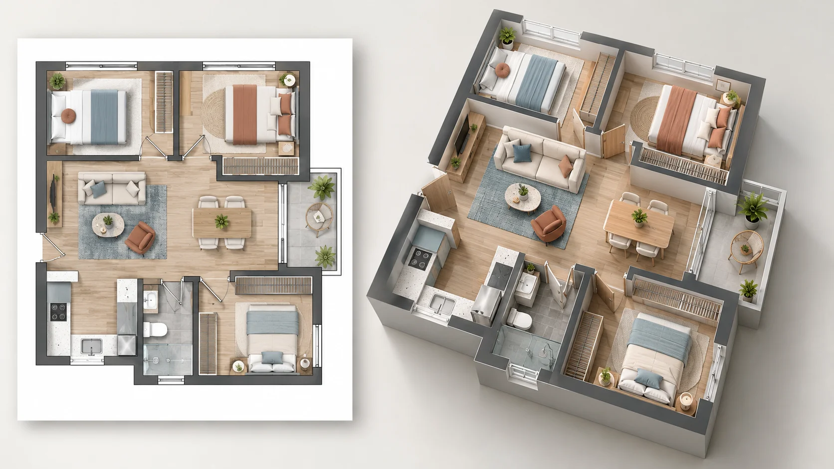 Apartment floor plan image converted into a realistic three-dimensional layout