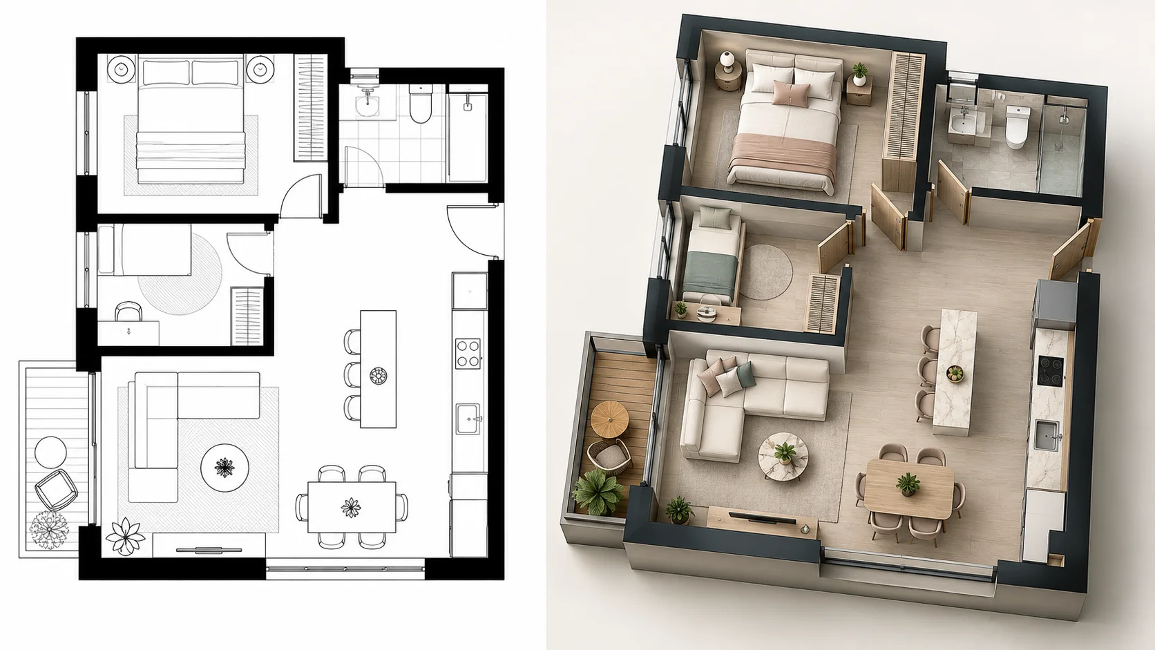 Exported architectural floor plan image converted into an isometric 3D visualization