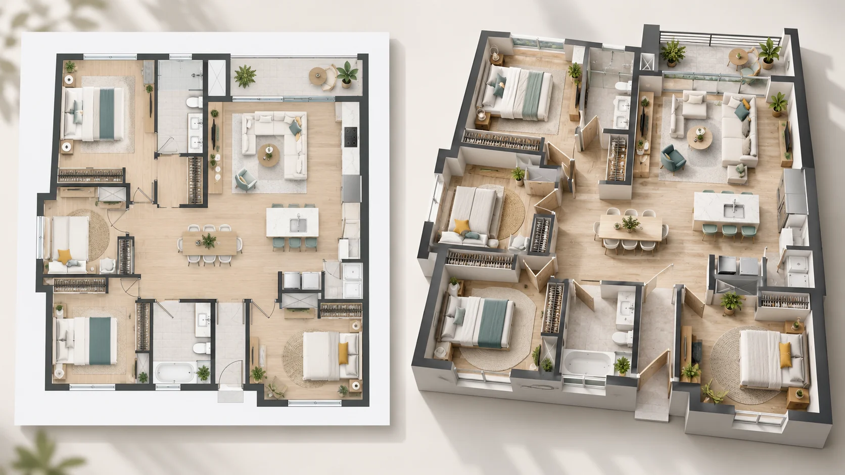 Large residential floor plan image converted into an aerial 3D floor plan
