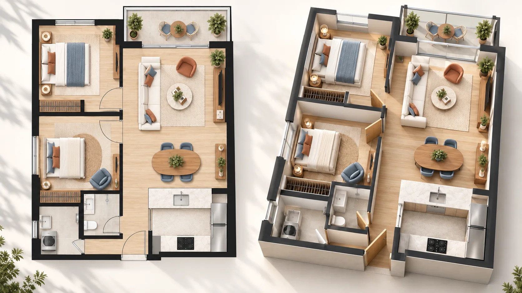 Property listing floor plan image transformed into a realistic 3D home layout
