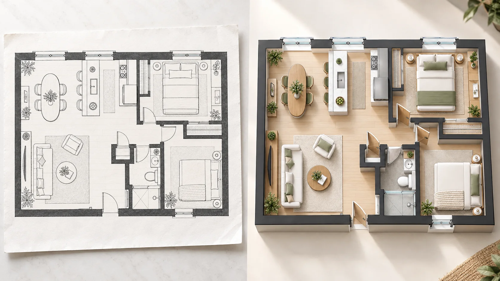 Scanned residential floor plan image shown beside its realistic 3D floor plan result