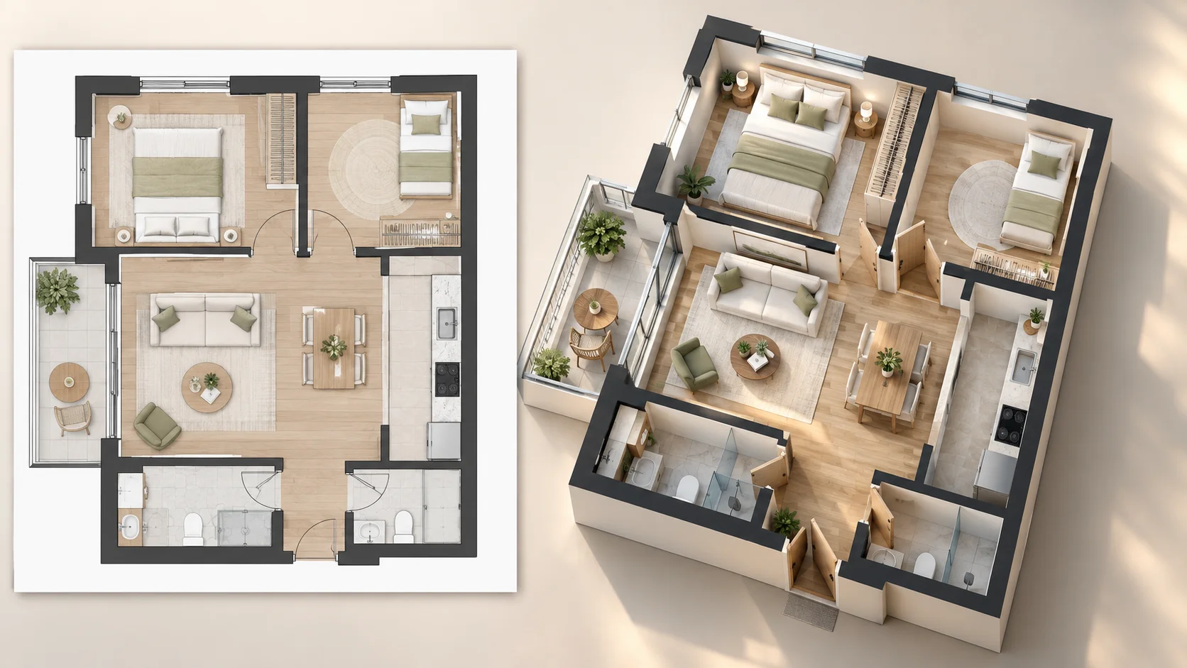 Floor plan screenshot converted into a furnished isometric 3D floor plan