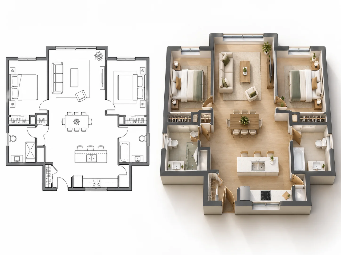 2D floor plan image transformed into a realistic furnished 3D floor plan