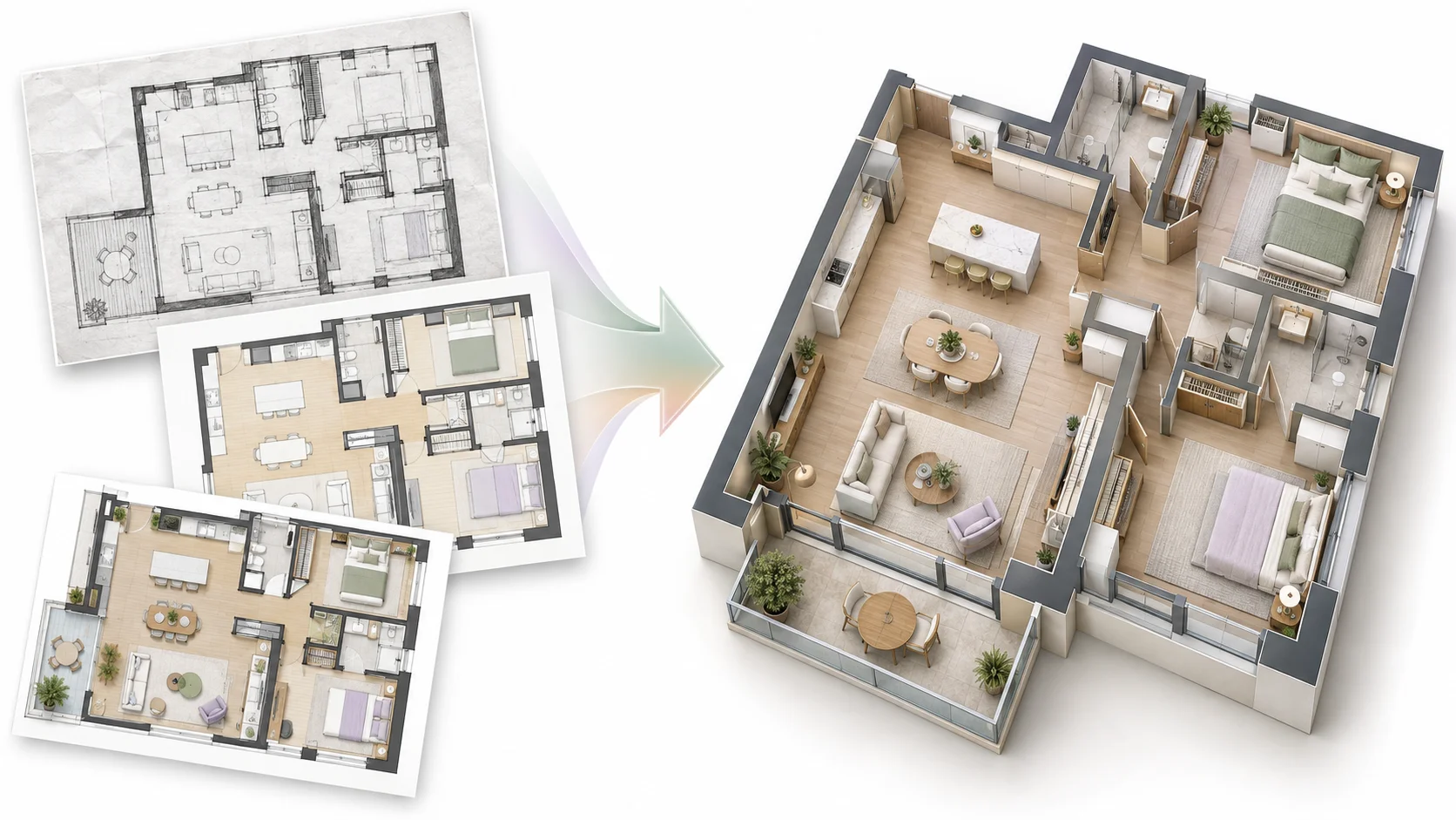 2D floor plan image shown transforming into a three-dimensional floor plan visualization