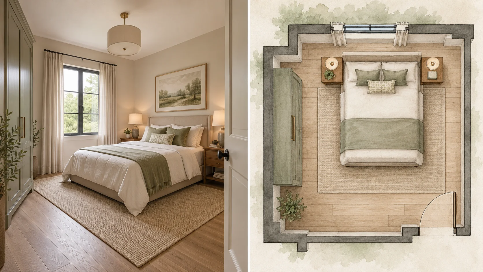 Bedroom photo converted into a watercolor floor plan style