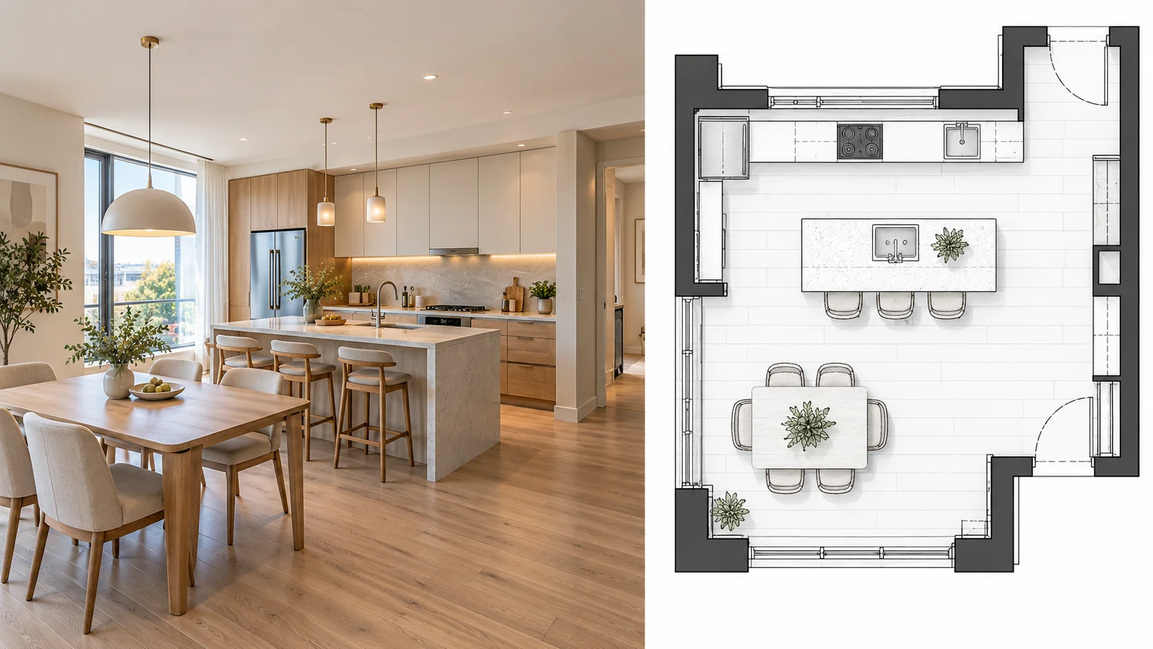 Kitchen photograph converted into a technical floor plan layout