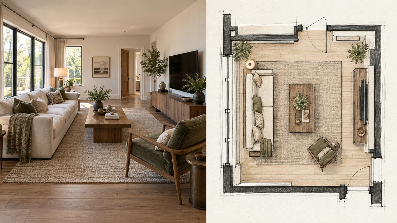 Living room photo converted into a hand-drawn floor plan style