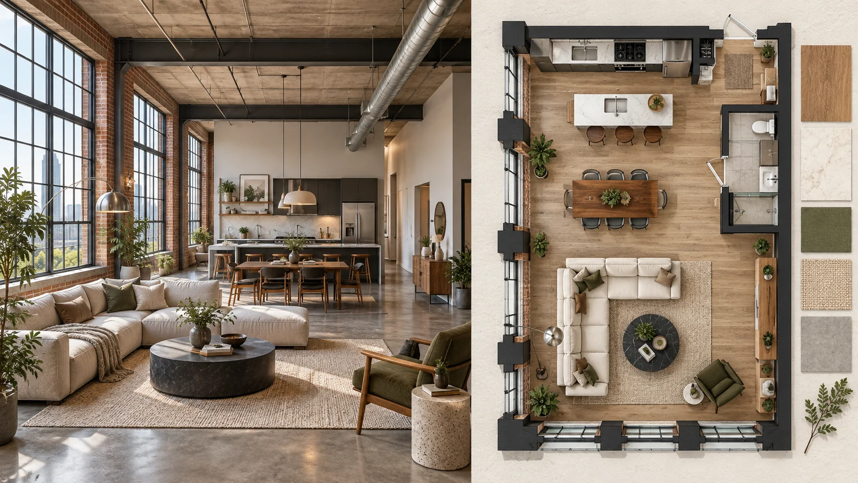 Loft interior photo converted into a collage-style floor plan
