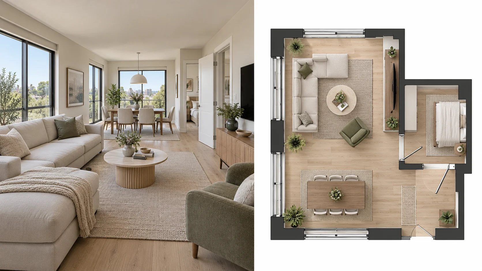 Real estate listing photo transformed into a colored 2D floor plan