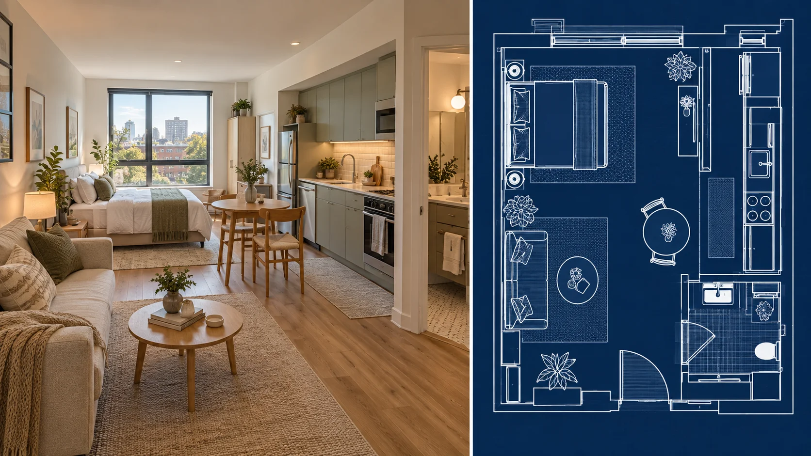 Studio apartment photo converted into a blueprint-style floor plan