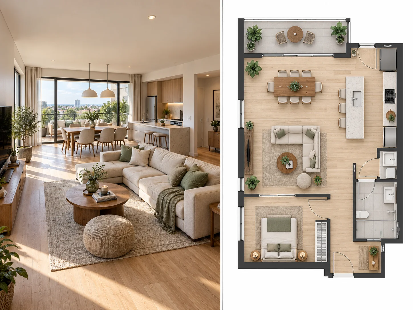 A bright interior photo shown beside a clean 2D floor plan generated from the image