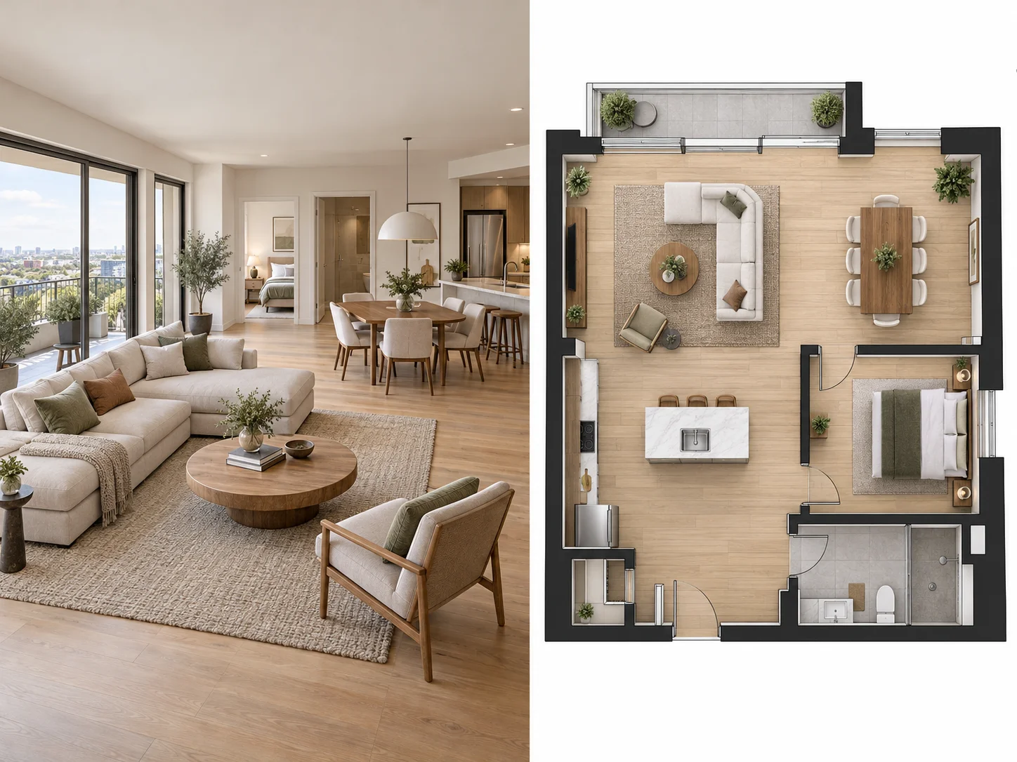 Side-by-side comparison of an uploaded room photo and the floor plan generated from it
