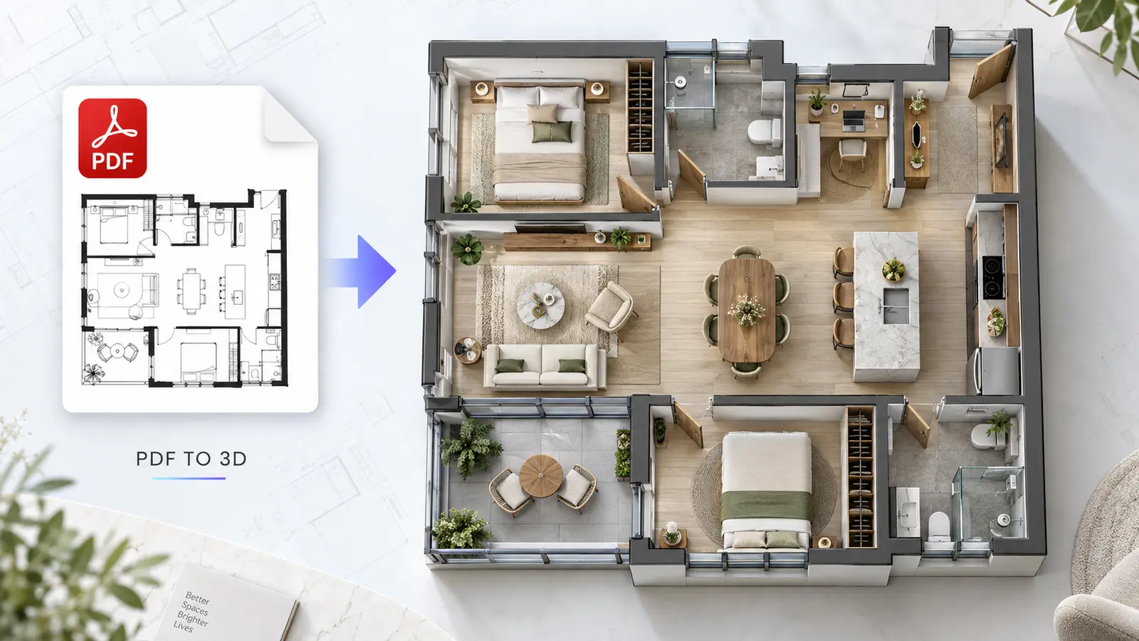 A PDF apartment floor plan converted into a detailed furnished 3D apartment layout