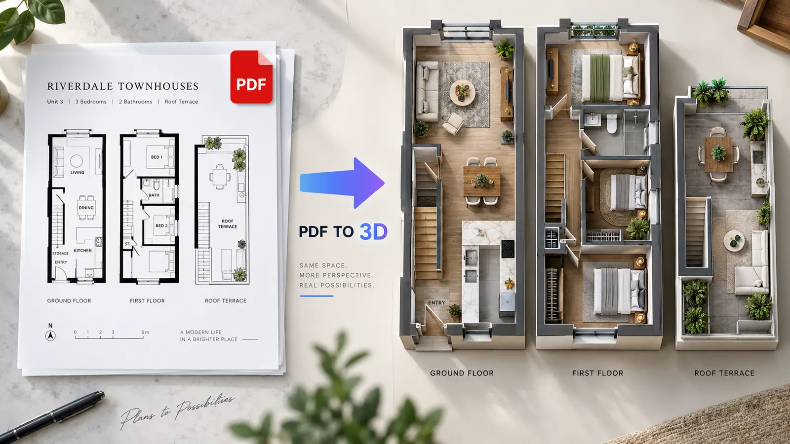A townhouse PDF floor plan converted into a detailed multi-level 3D layout