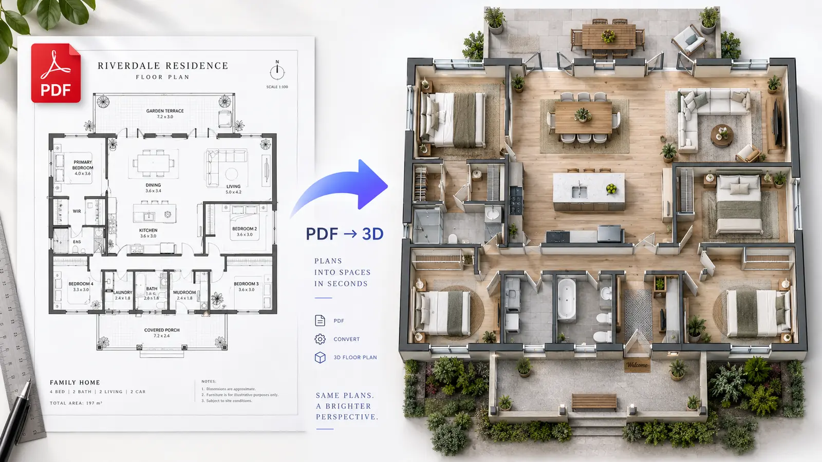 A family home PDF plan transformed into a richly furnished 3D floor plan with a terrace