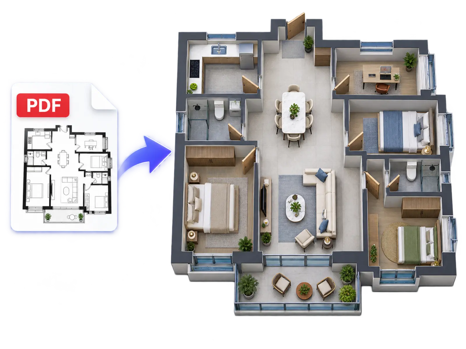 A transparent PDF document with a floor plan transforming into a detailed furnished 3D floor plan