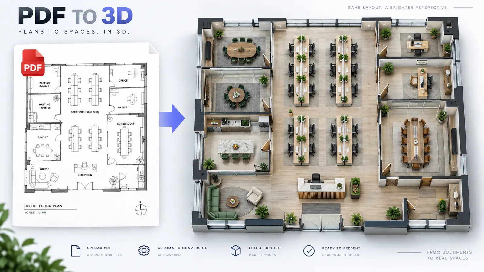 An office PDF floor plan transformed into a detailed furnished 3D workspace layout