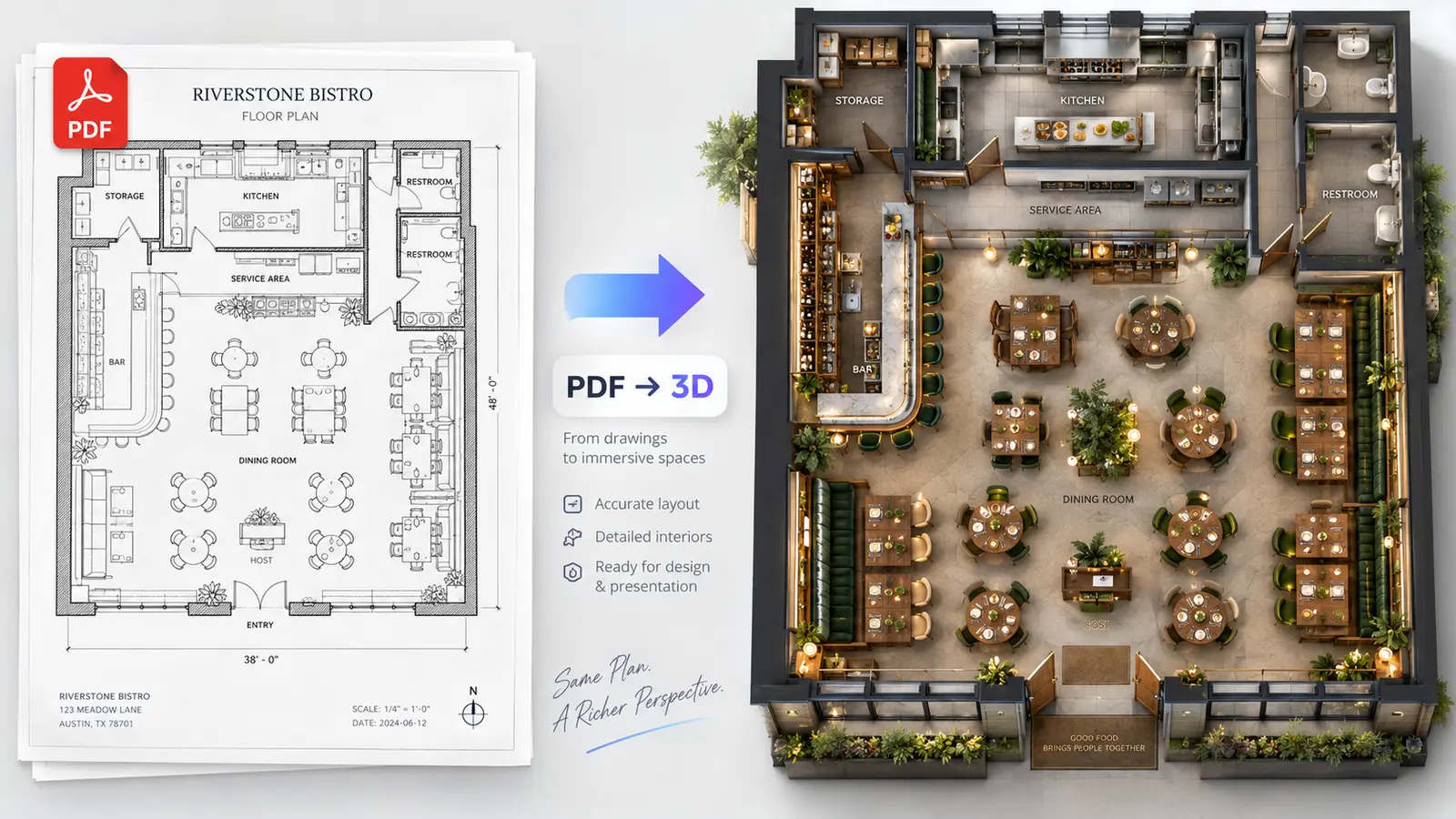 A restaurant PDF floor plan converted into a detailed furnished 3D dining layout