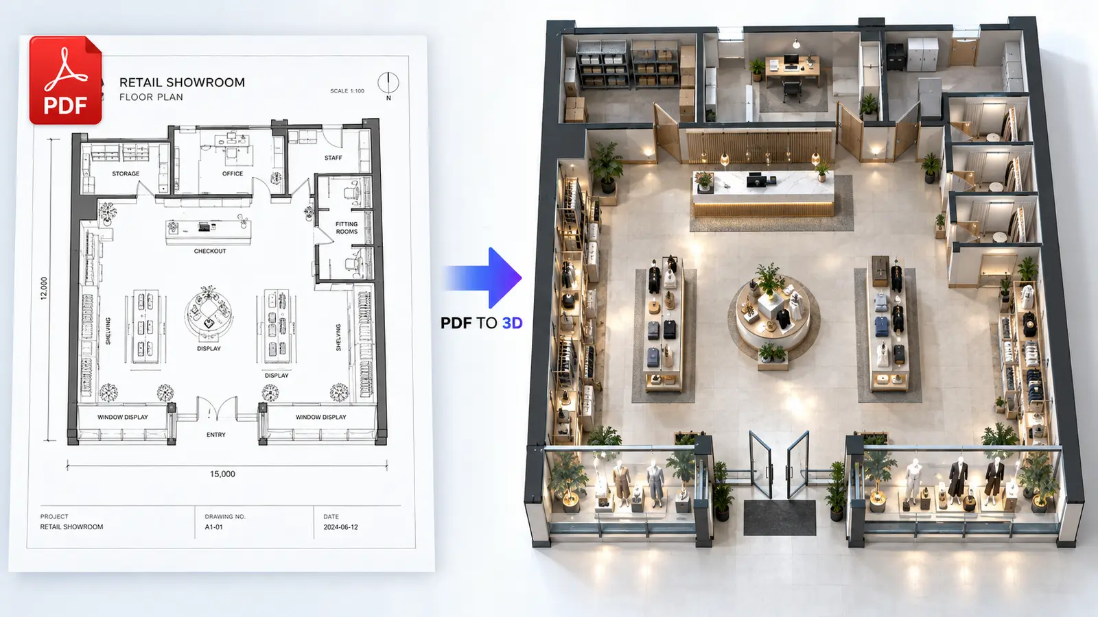 A retail showroom PDF plan converted into a detailed furnished 3D commercial layout