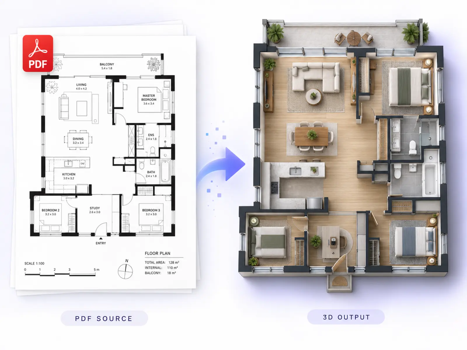 A detailed PDF floor plan transforming through a blue-violet arrow into a matching furnished 3D floor plan
