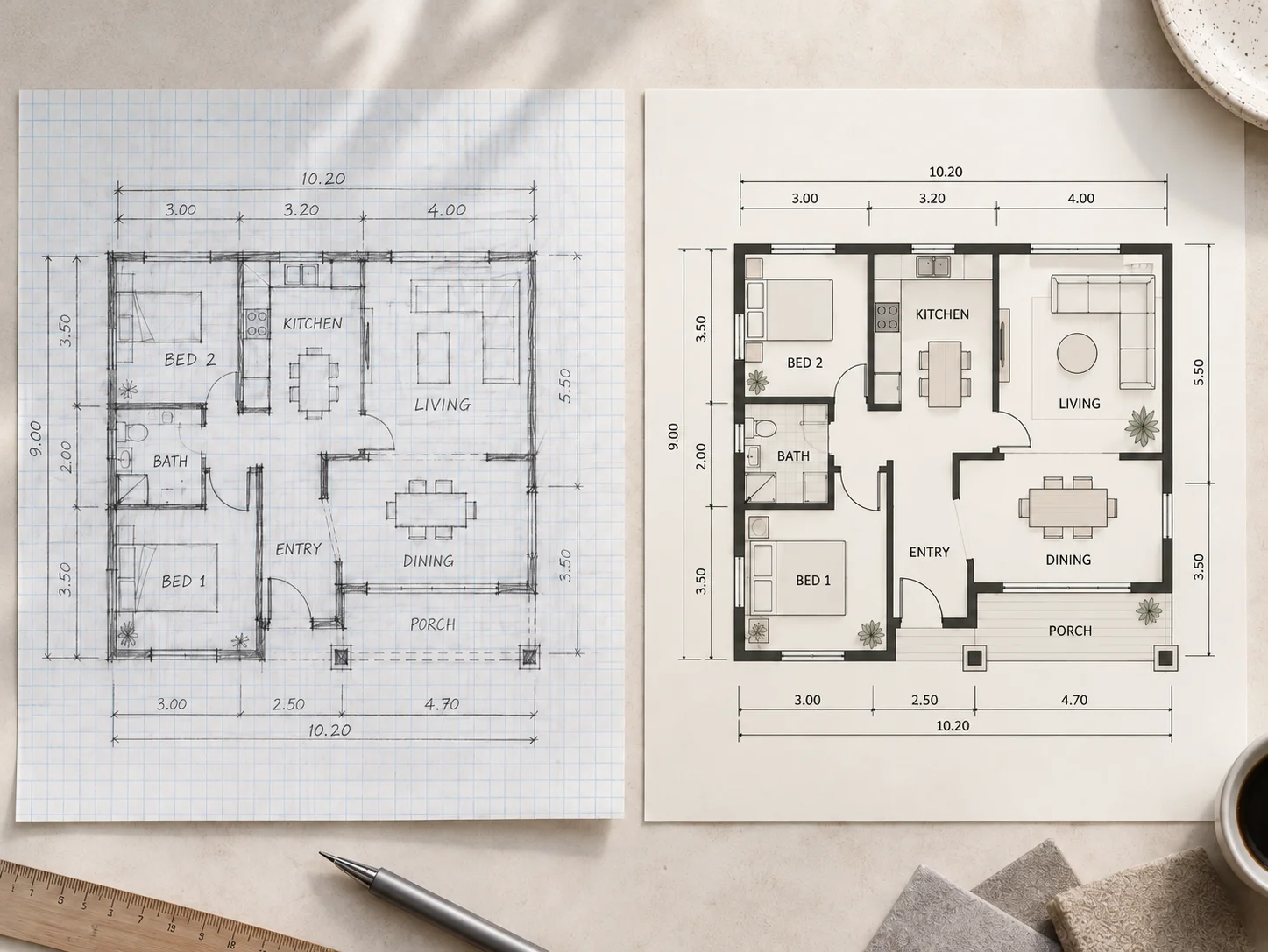 A graph-paper floor plan sketch converted into a polished digital layout