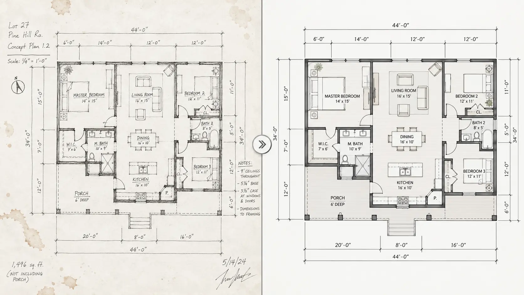 A detailed hand-drawn house floor plan shown beside its polished digital architectural plan