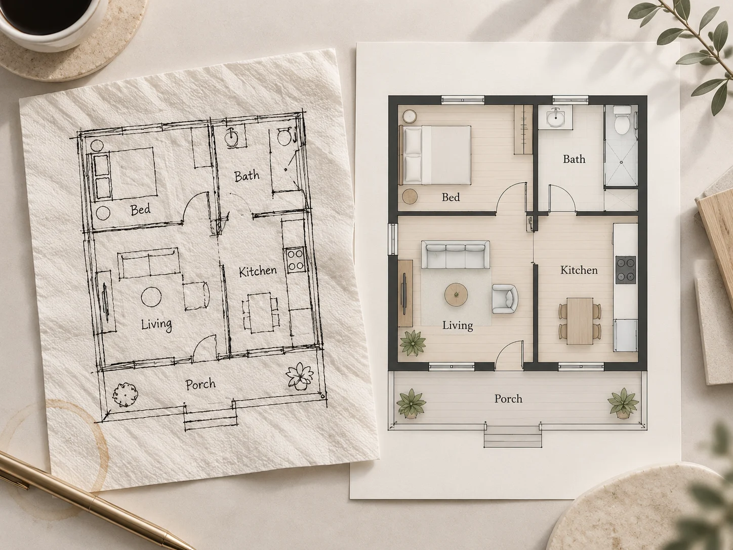 A napkin floor plan sketch shown beside its polished digital floor plan result