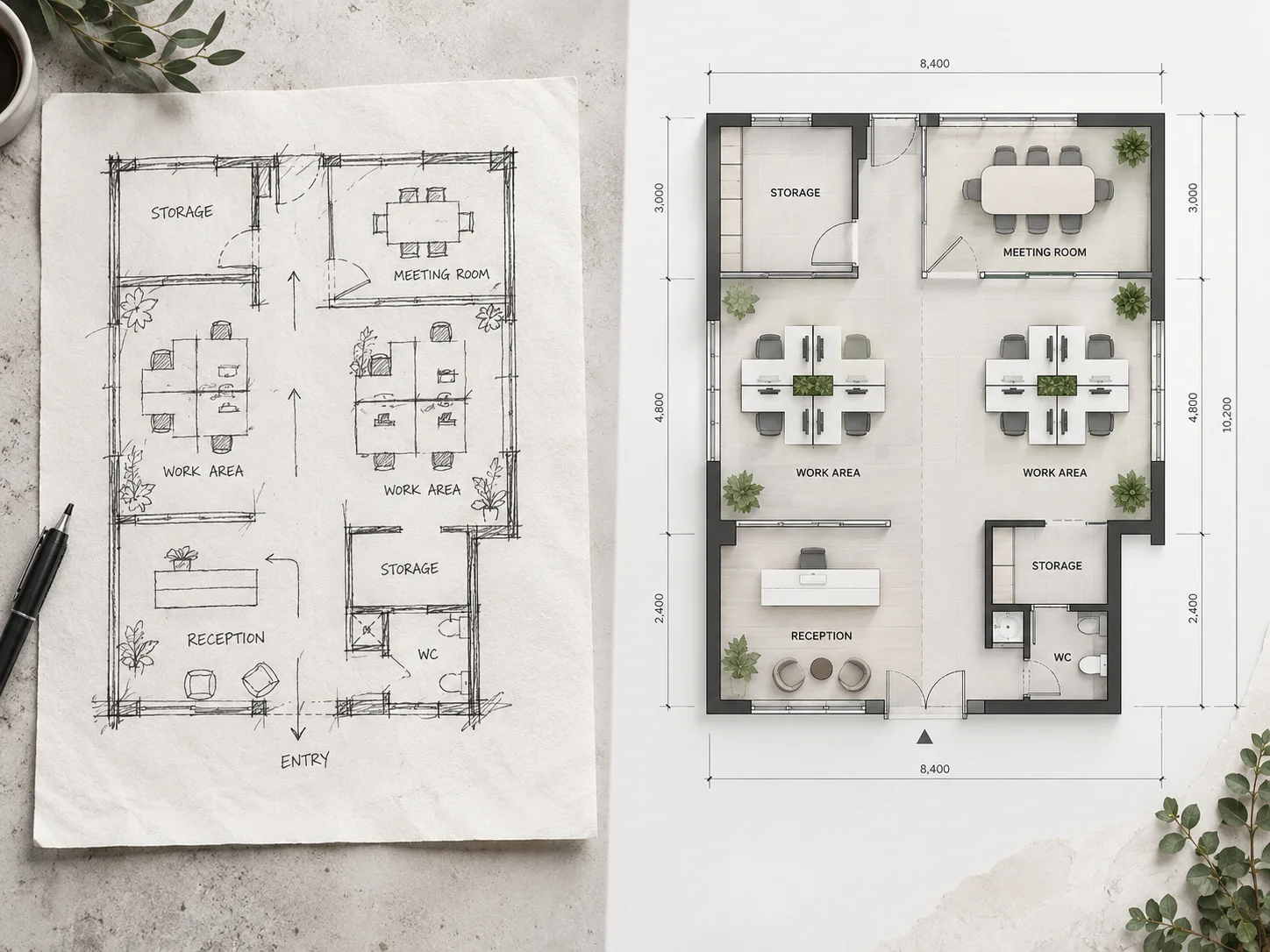 An office layout sketch displayed next to its clean digital floor plan version