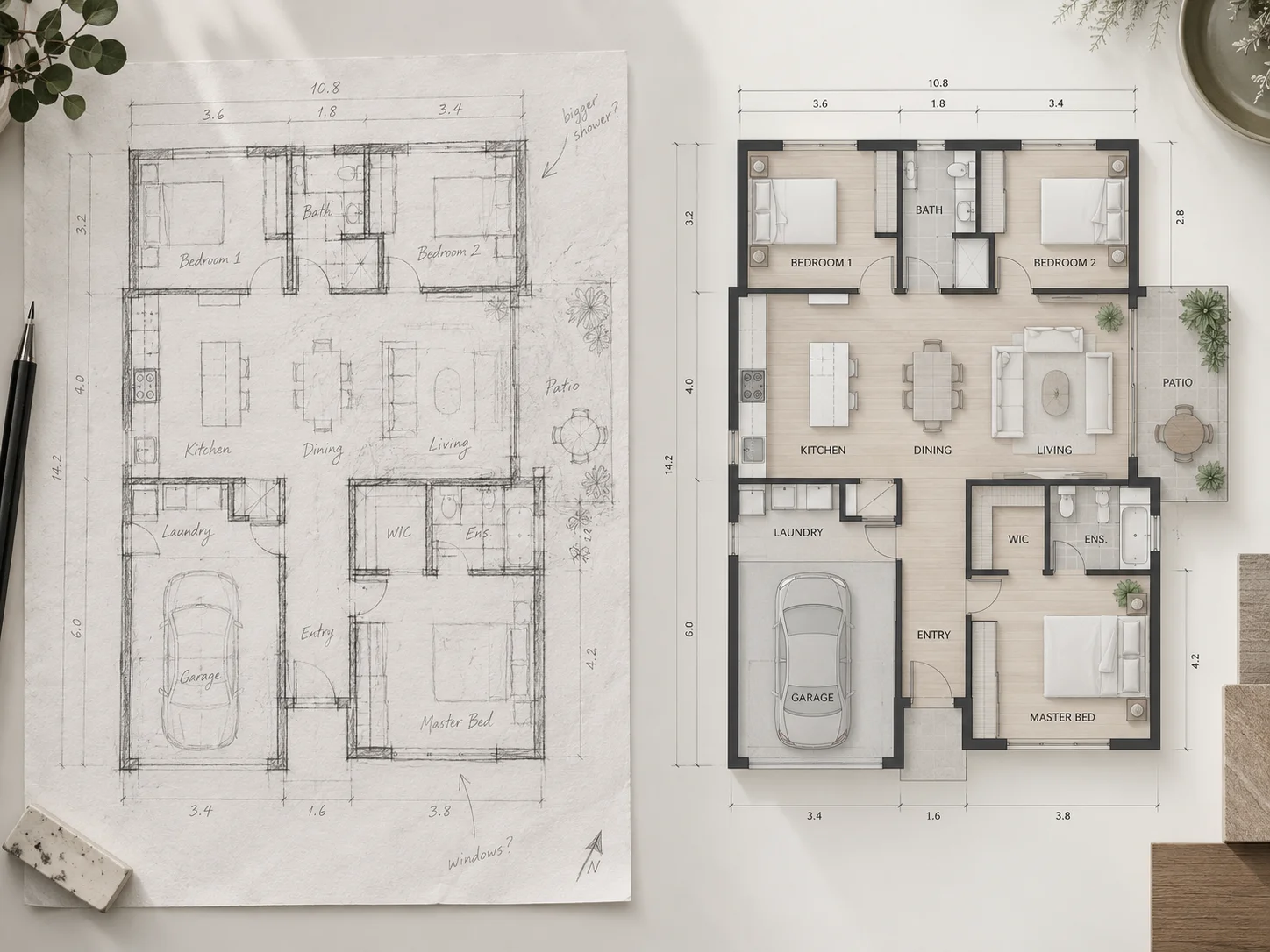 A pencil-drawn floor plan draft transformed into a clear digital floor plan