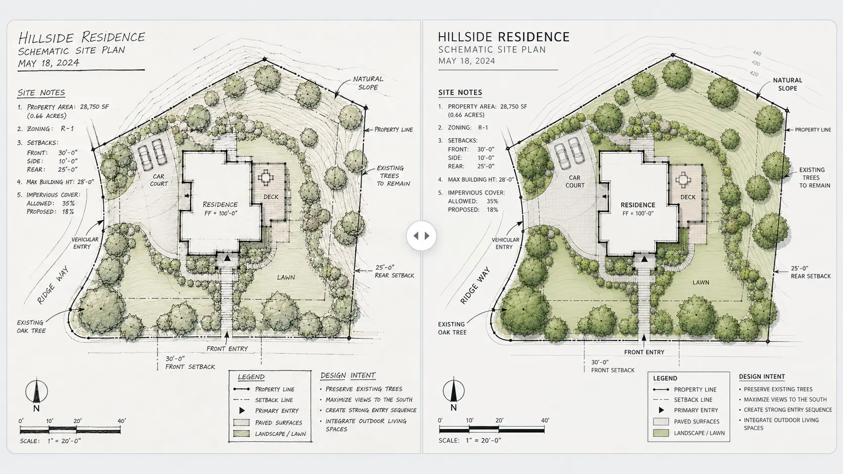 A hand-drawn residential site plan sketch shown beside its cleaned digital site plan result