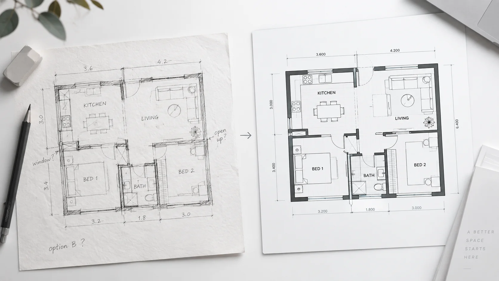 A rough hand-drawn floor plan sketch transforming into a polished digital floor plan