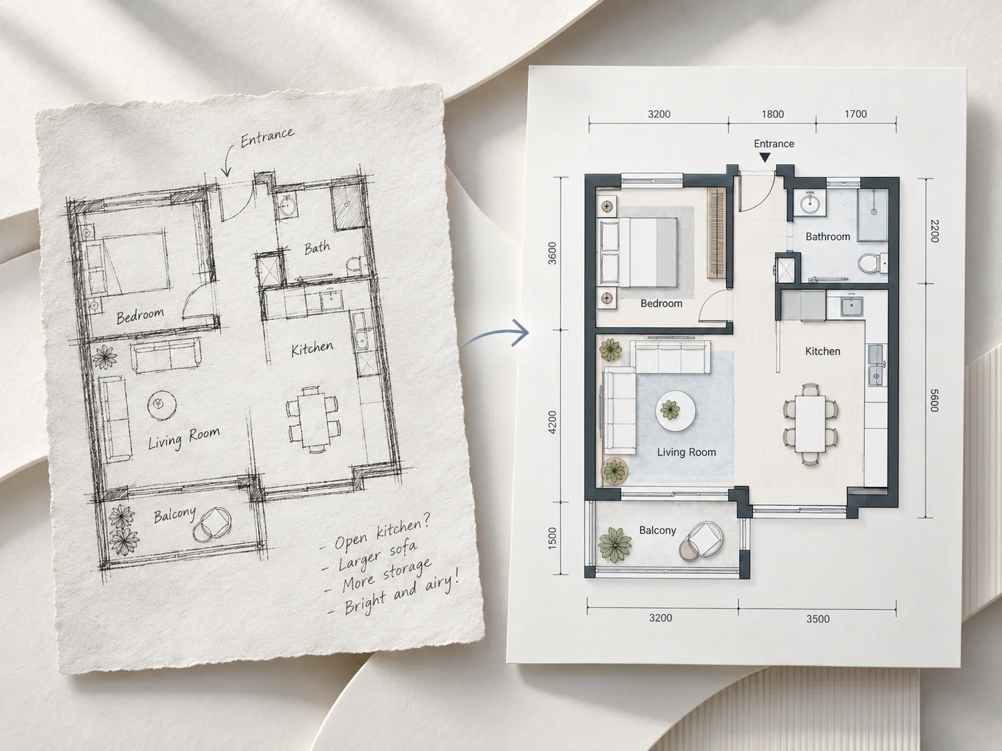 A visual explanation of how a rough sketch is converted into a clean digital floor plan